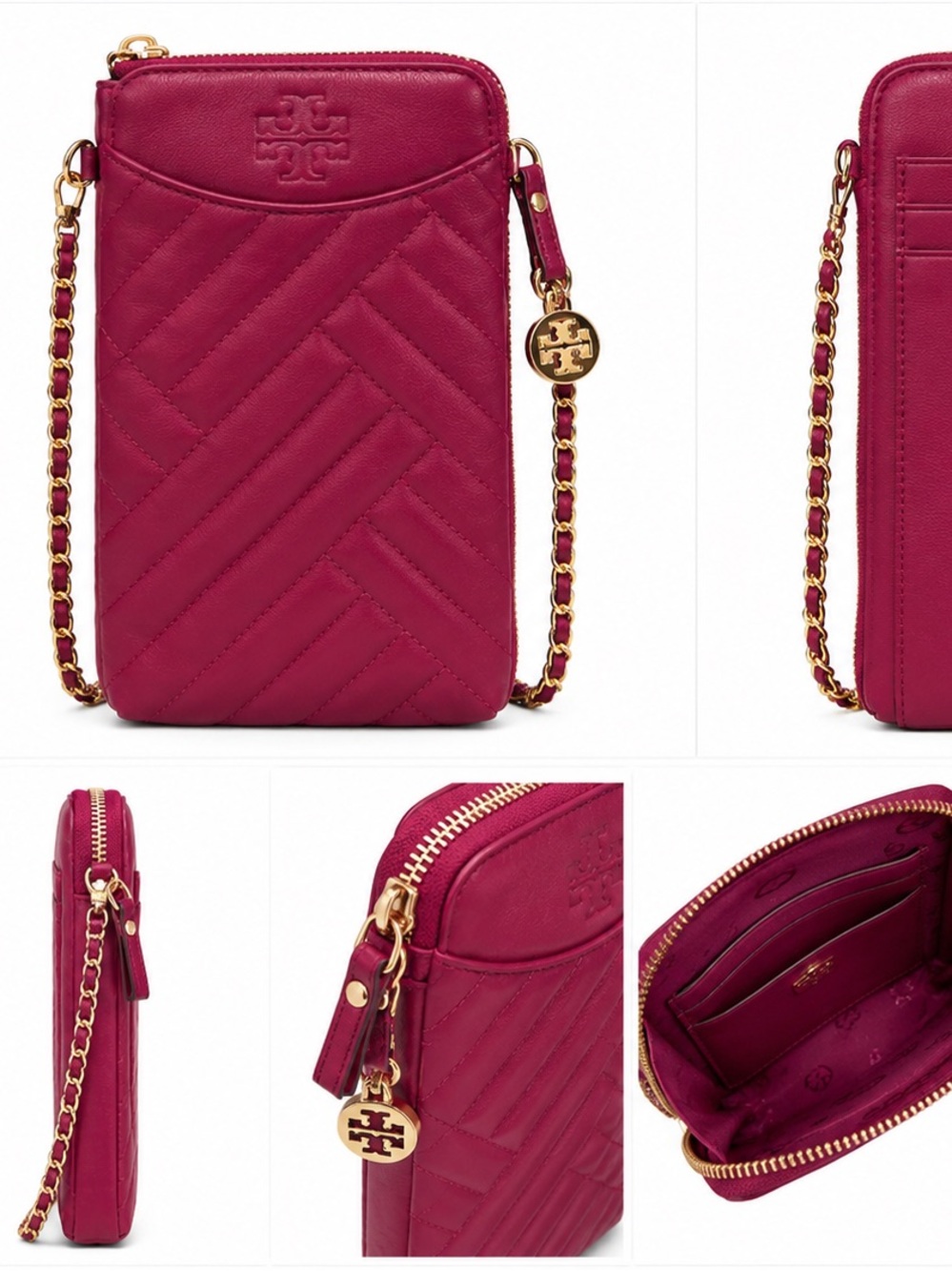 Tory Burch Magenta Leather Fleming Phone Crossbody Wallet Chain Bag